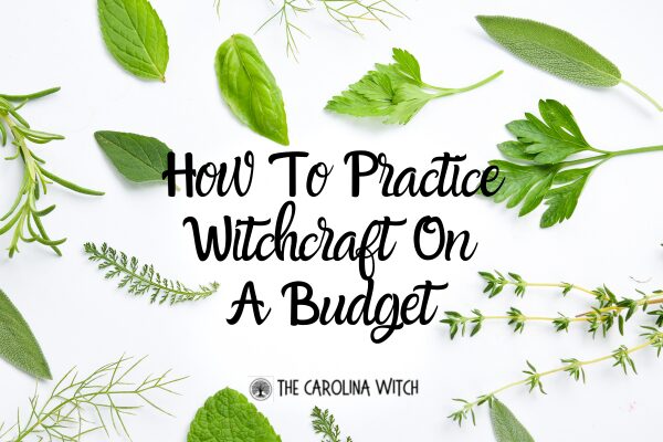 How to practice witchcraft on a budget blog post title with a picture of a variety of fresh herb leaves on a white background